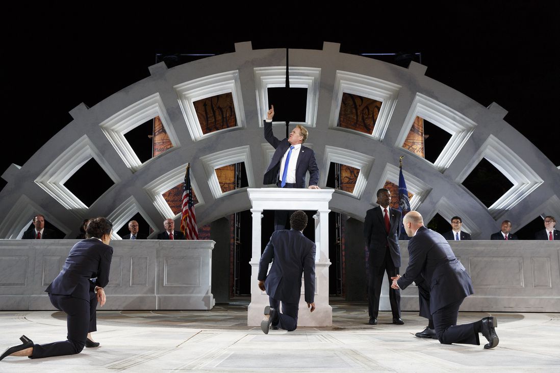 Gregg Henry (center) and the company in The Public Theater’s Free Shakespeare in the Park production of Julius Caesar<br>